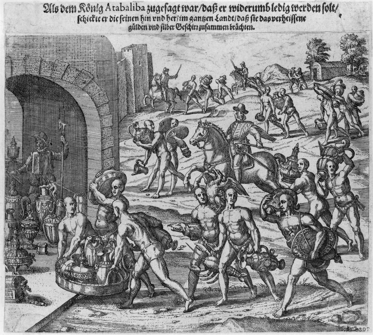 La rançon offerte par le roi Atahualpa à Francisco Pizarro, 1533 - Theodore de Bry
