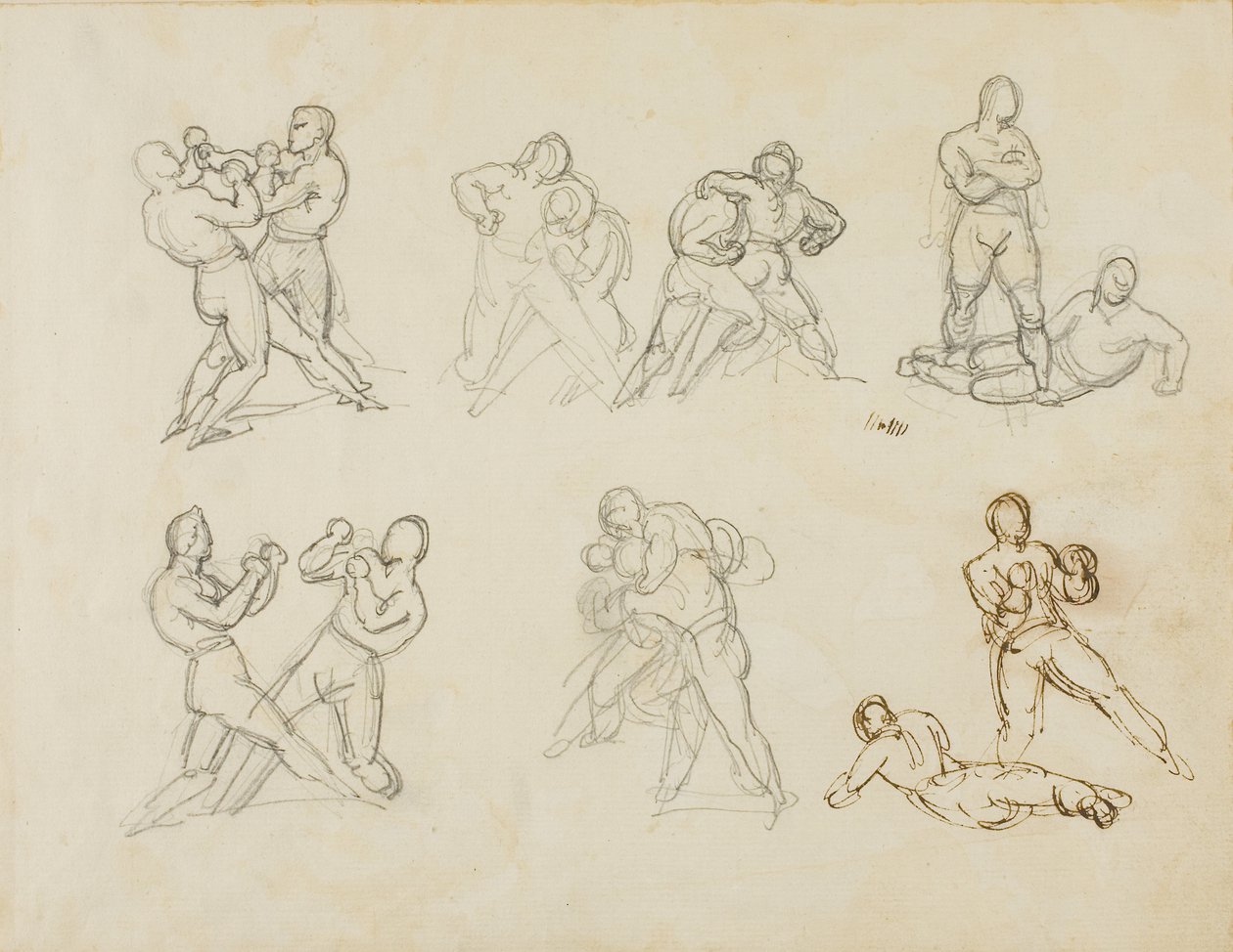 Sept croquis de paires de boxeurs - Theodore Gericault