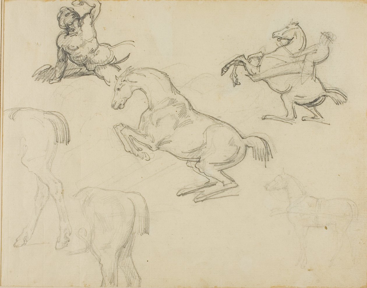 Croquis : Nu allongé, un cavalier et divers chevaux - Theodore Gericault