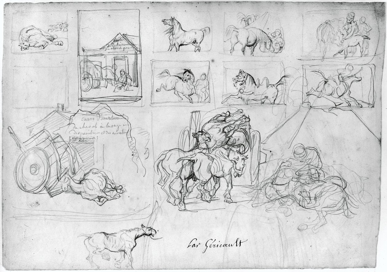 Étude de chevaux (recto) ; Une charrette suivie d