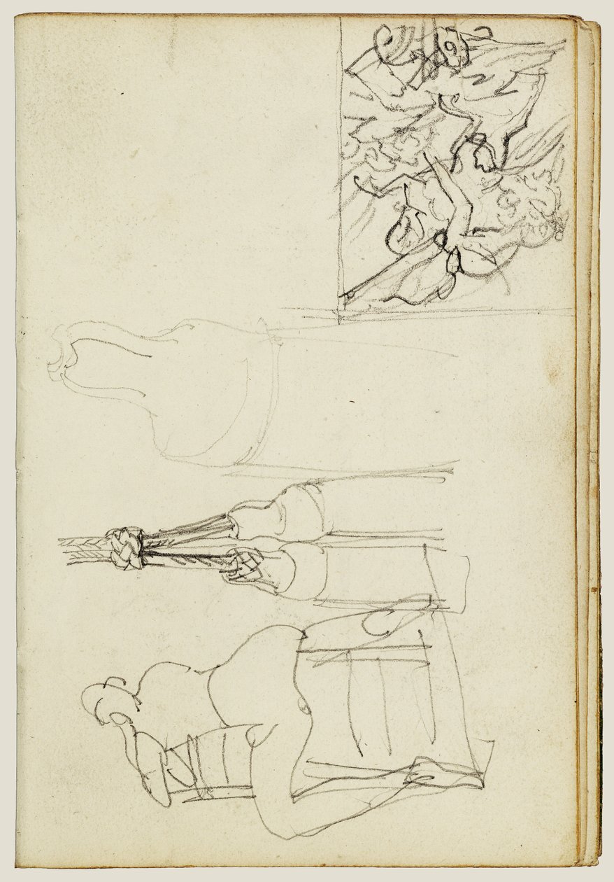 Des pompons, personnage assis vu de dos derrière une chaise, esquisse en miniature du « Chasseur à la charge » - Theodore Gericault