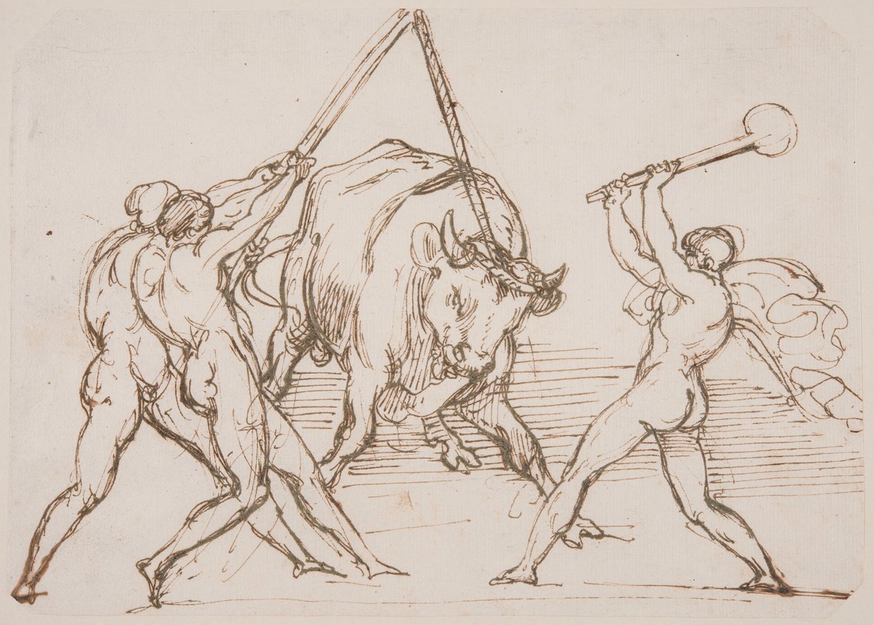 Trois hommes qui narguent un taureau - Theodore Gericault