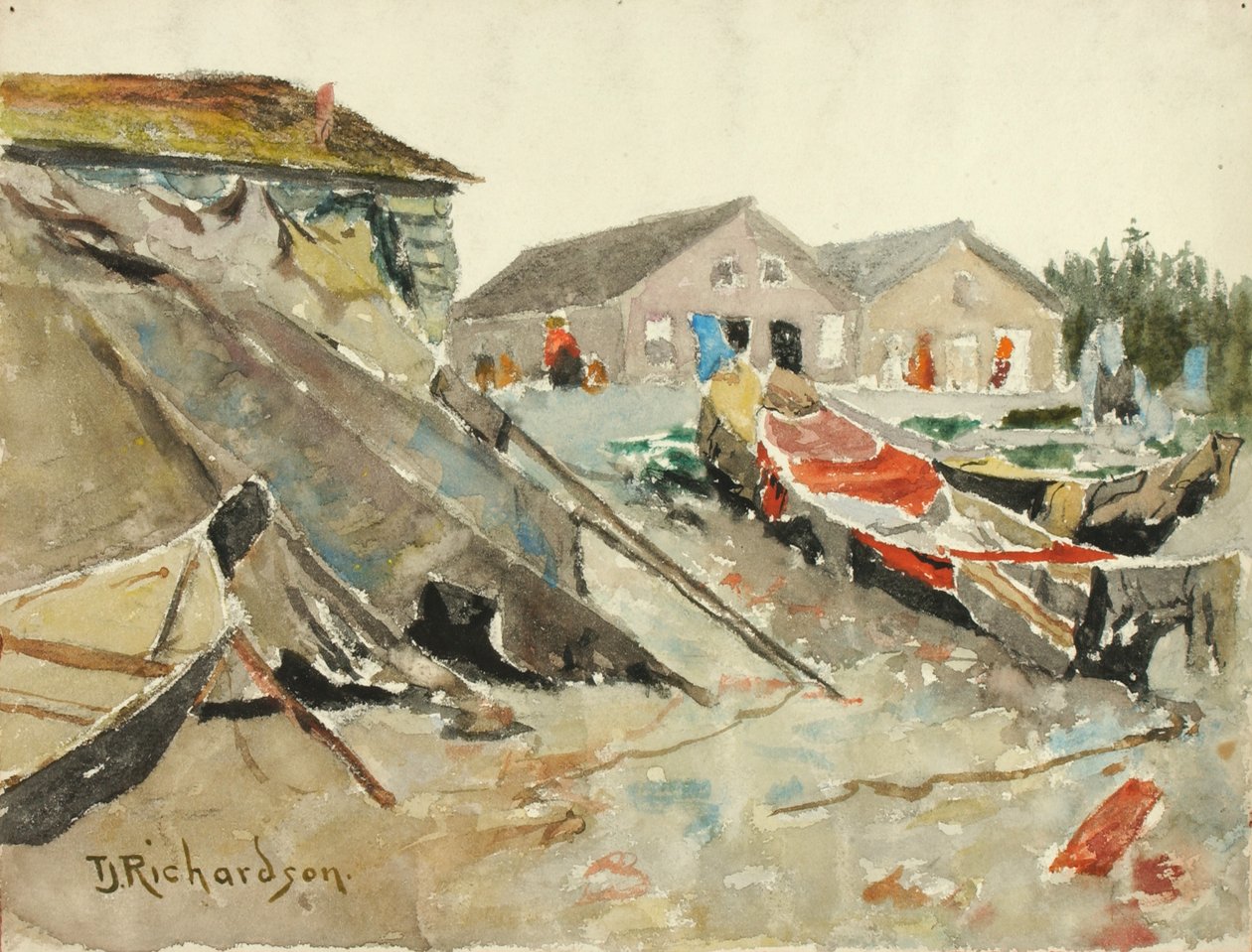 Sécher des couvertures sur des canoës, vers 1890-1914 - Theodore J. Richardson