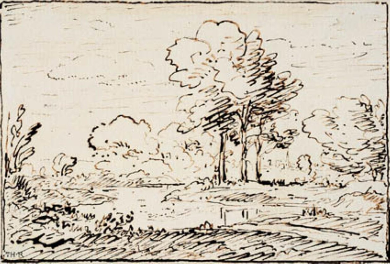 Paysage avec trois grands arbres près d
