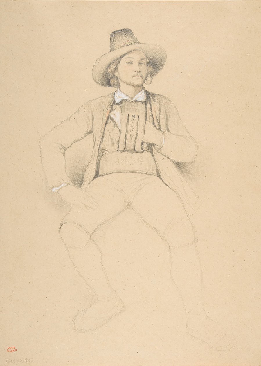 Un homme en costume tyrolien, assis, fumant une pipe, 1842 - Theodore Valerio