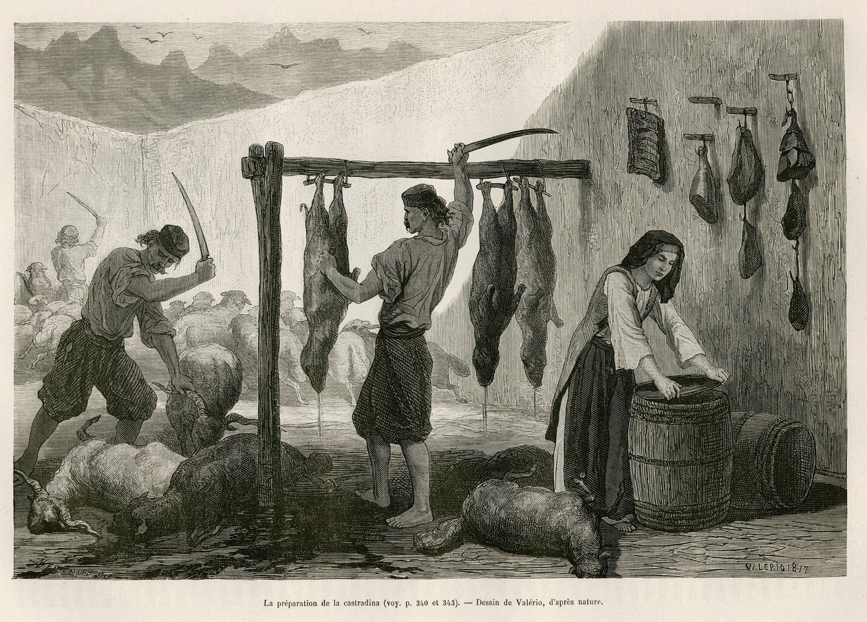 La préparation de la castradina, spécialité de viande de mouton et de chèvre salée et boucanée, vers la fin octobre, en Dalmatie (Istrie et Herzégovine) (illustration du voyage au Monténégro, 1874, par Charles Yriarte) - Theodore Valerio