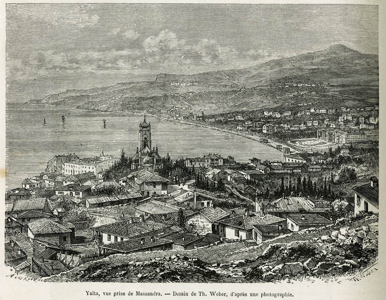 La ville de Yalta, prise de Massandra, dessin de Th.Weber, pour illustrer l