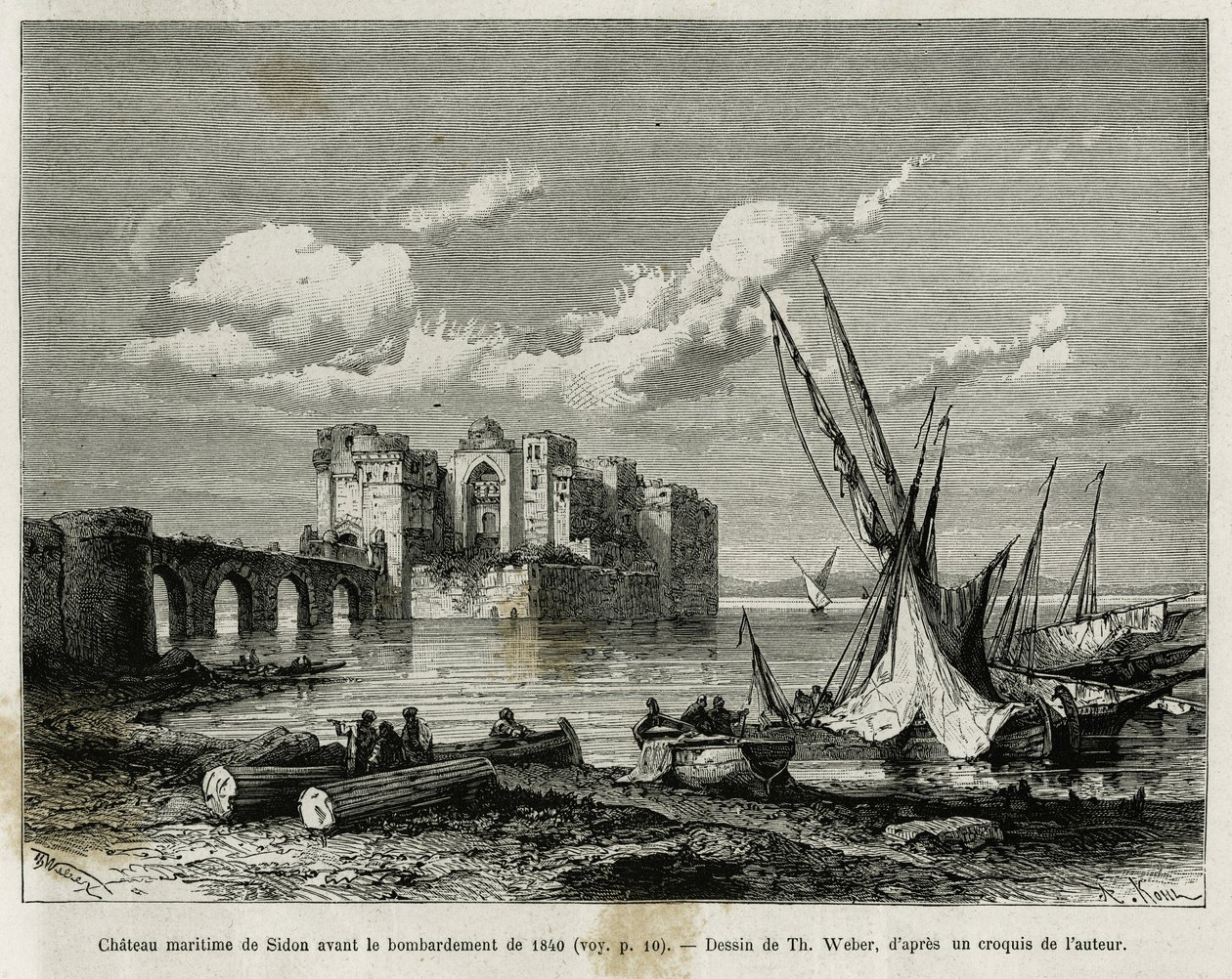 Le château maritime de Sidon avant le bombardement de 1840. Gravure de Th. Weber, pour illustrer l