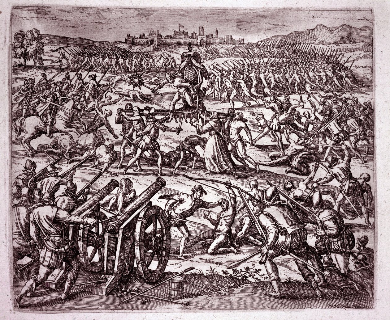 Un moine dominicain, se sentant moqué par le roi inca Atahualpa (Atabaliba), encourage Francisco Pizarro à se venger (Gravure) - Theodore de Bry