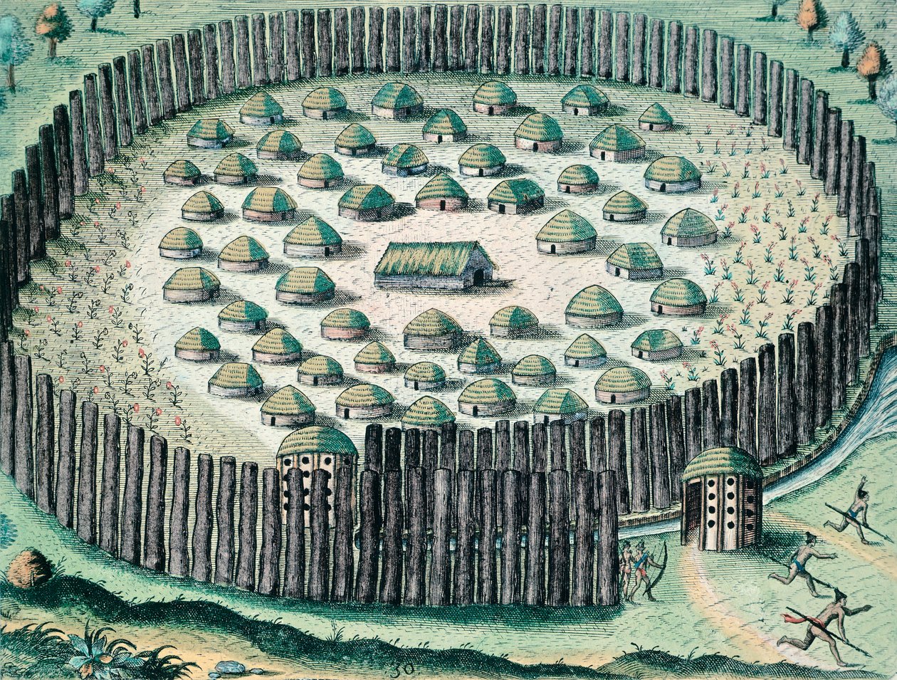 Un village indien fortifié, Illustration du Discours de la Floride, gravure - Theodore de Bry
