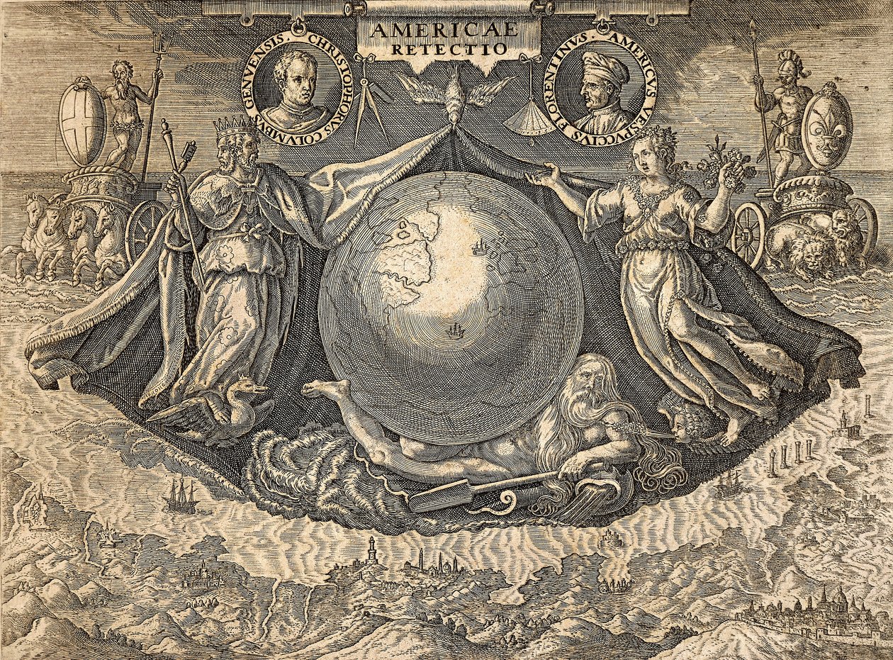 Allégorie des Indes occidentales ou des Amériques, avec portraits des navigateurs Christophe Colomb et Amerigo Vespucci - Theodore de Bry