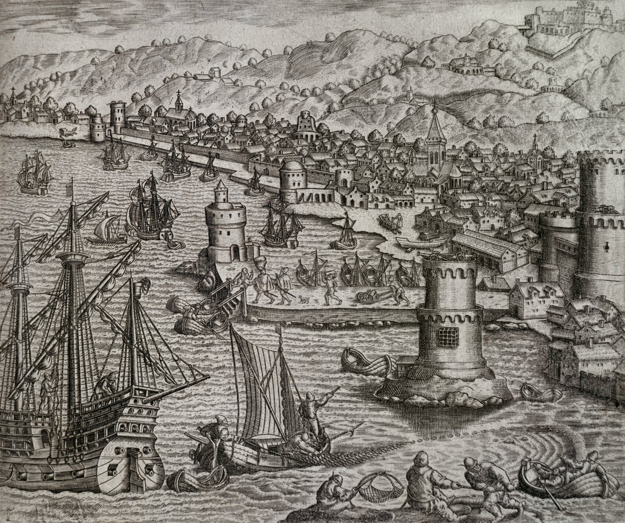 Arrivée de Girolamo Benzoni dans le port de Las Palmas lors de son voyage en Amérique (1541), Îles Canaries, gravure de Theodor de Bry (1528-1598) - Theodore de Bry