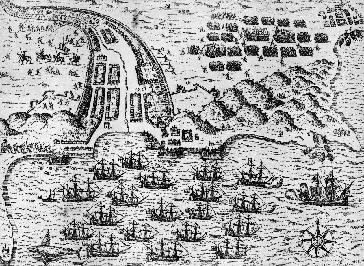 Attaque de Santiago le 27 novembre 1585 (gravure) - Theodore de Bry