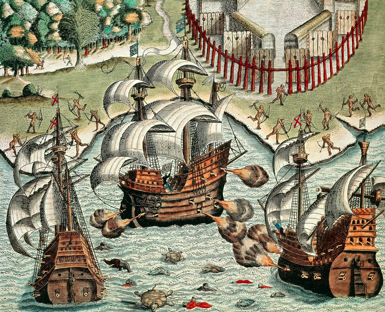 Bataille entre les Français et les Portugais au large de Buttugar - Theodore de Bry