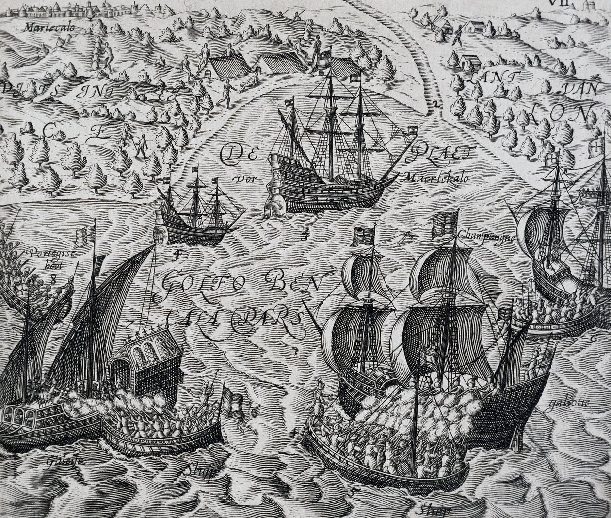 Bataille devant la ville de Matical dans la baie du Bengale, gravure de Indiae Orientalis, par Theodor de Bry (1528-1598) - Theodore de Bry