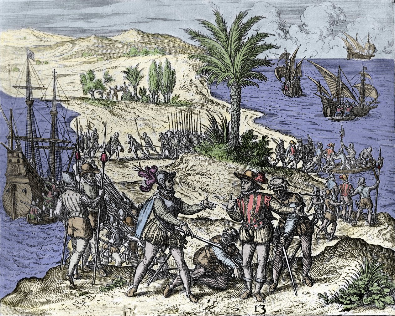 Christophe Colomb et son frère arrêtés par Francisco de Bobadilla en 1500. Gravure de Théodore de Bry (1528-1598). - Theodore de Bry