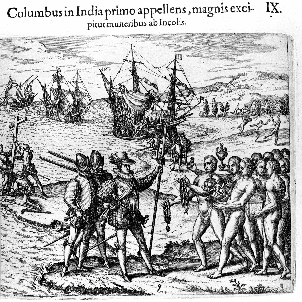 Christophe Colomb arrive aux Antilles. Gravure de Théodore de Bry dans « Admirante Narratio - Americae » - Theodore de Bry
