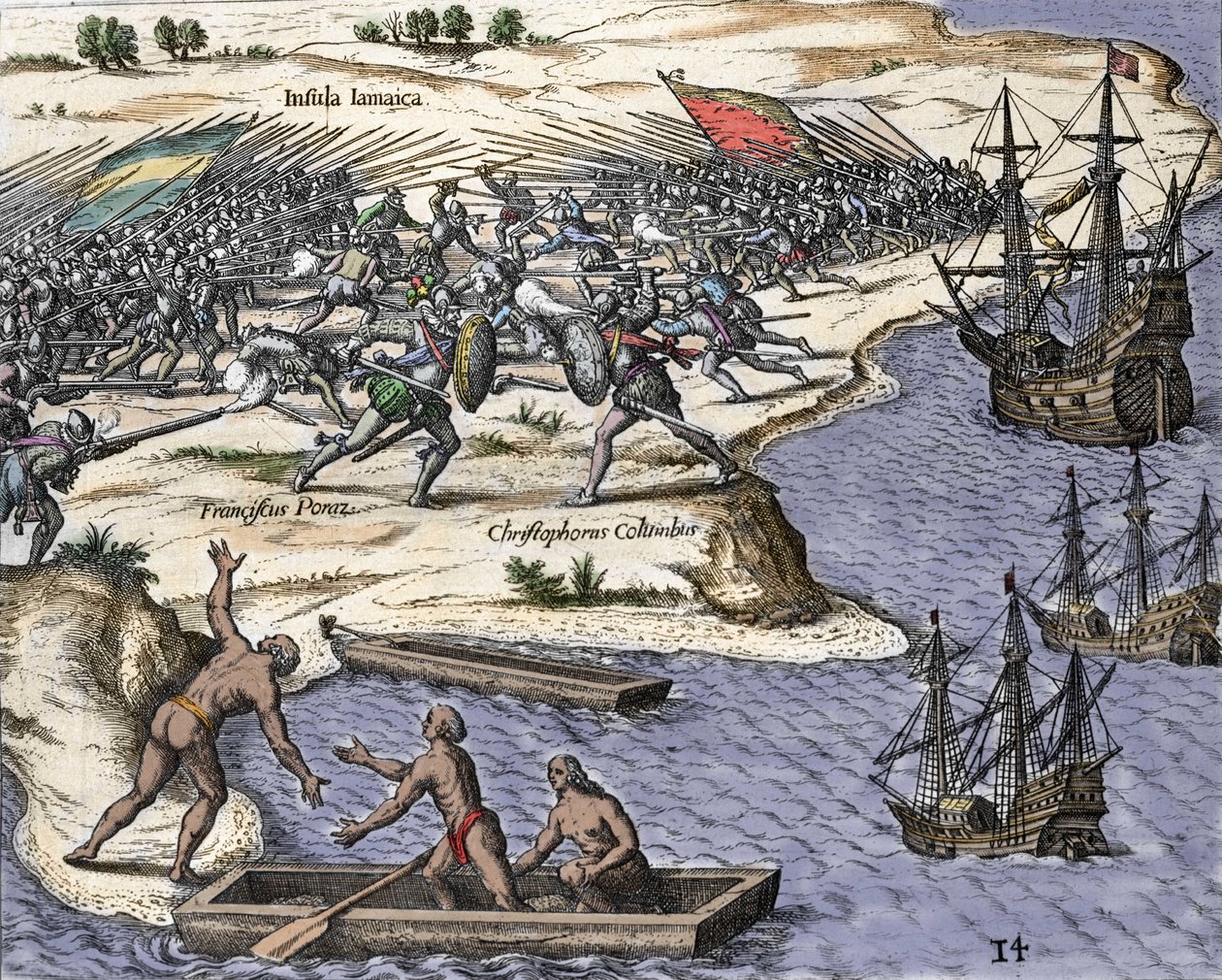 Quatrième voyage de Christophe Colomb en Jamaïque en 1502-1504 : bataille contre Francisco Poraz. Gravure de "Historia Americae sive Novi Orbis" par Theodor de Bry (1527-1598), Amsterdam 1594 - Theodore de Bry