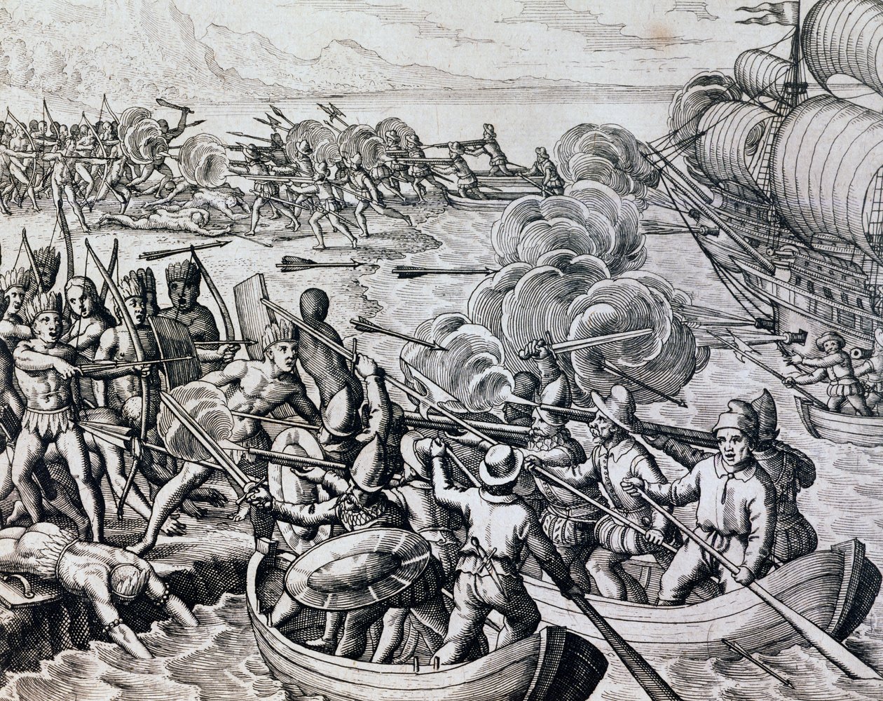 Affrontement entre Indiens natifs et troupes espagnoles, gravure tirée de Historia Americae, par Theodor de Bry (1528-1598), Francfort - Theodore de Bry