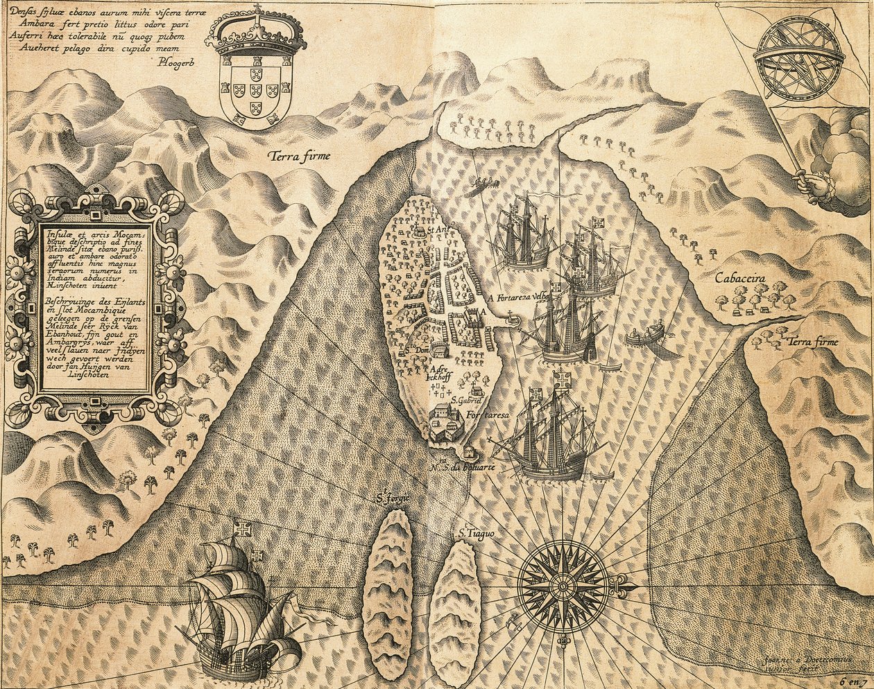 Côtes du Mozambique de, Les Indes orientales par Johannes Hugonis Linschooten et Theodore de Bry, gravure - Theodore de Bry