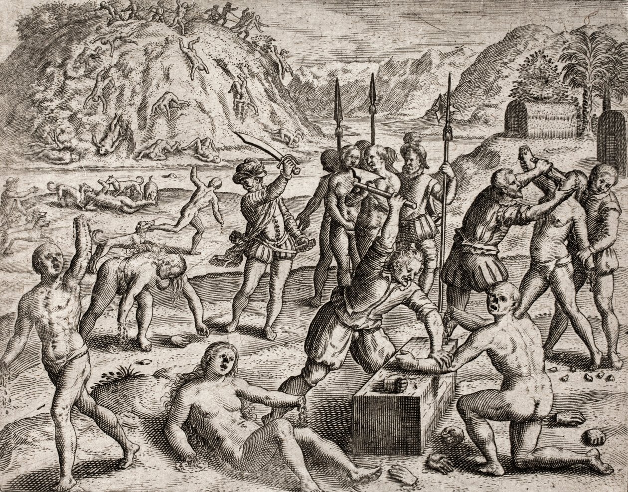 Description des crimes infligés aux Indiens par les colons espagnols - Conquistadors massacrant un village indien. Amputations des mains - Gravure de Théodore de Bry dans "Narratio regionum indicarum per Hispanos quosdam devastatarum verissima" par Bartolo - Theodore de Bry