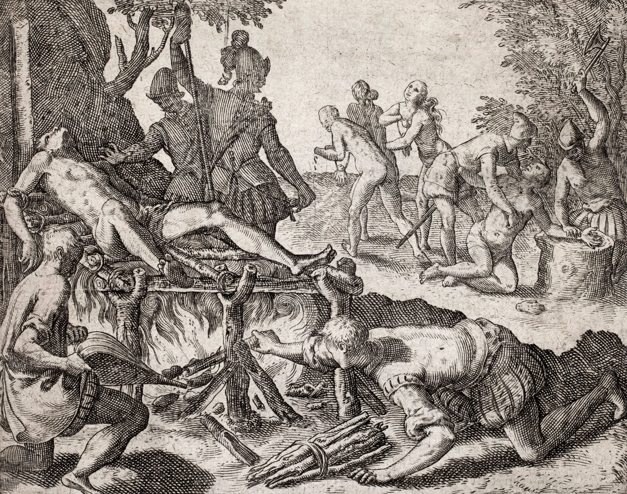 Description des crimes infligés aux Indiens par les colons espagnols - Scène de torture des Indiens par les conquistadors espagnols. Torture sur un grill, amputation des mains - Gravure de Théodore de Bry dans « Narratio regionum indicarum per Hispanos quo - Theodore de Bry