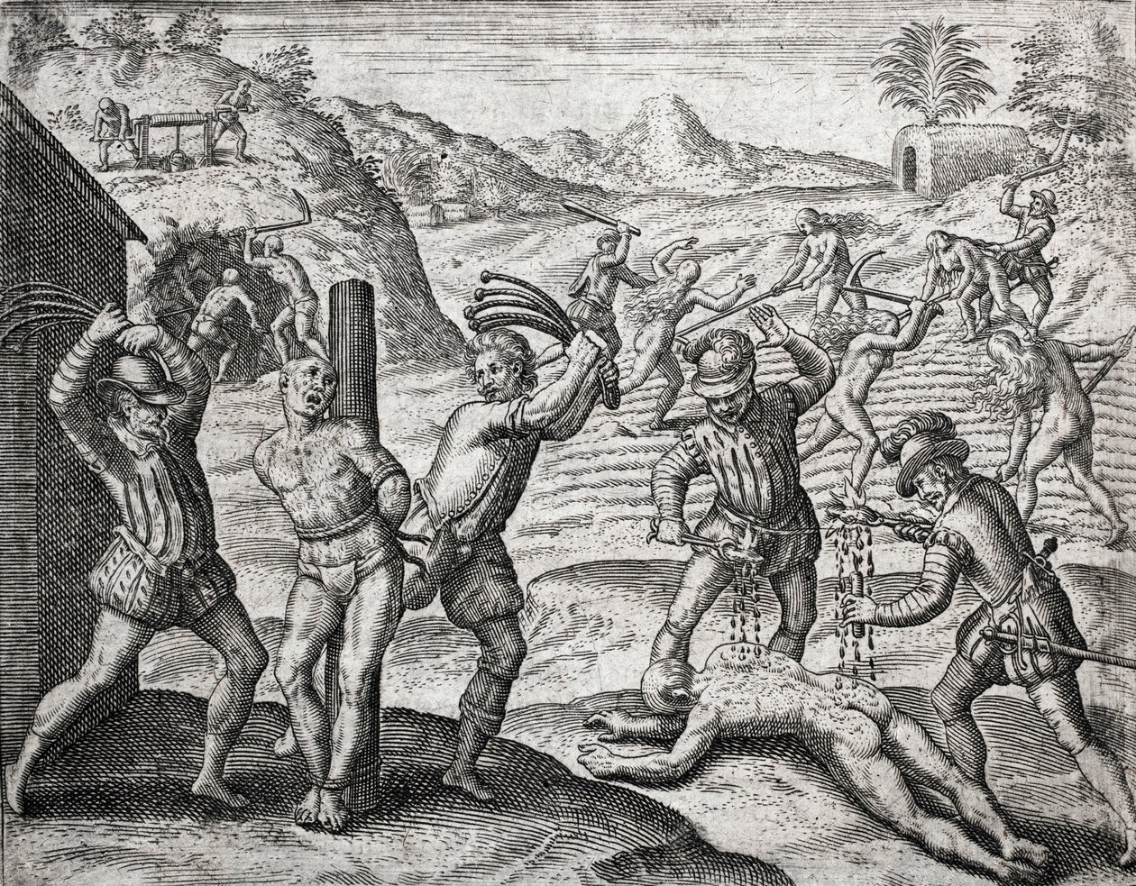 Description des crimes infligés aux Indiens par les colons espagnols - Espagnols torturant des Indiens - Gravure de Théodore de Bry dans « Brevisima Relacion de la Destruction de las Indias » par Bartolomé de las Casas (1484-1566) - Theodore de Bry