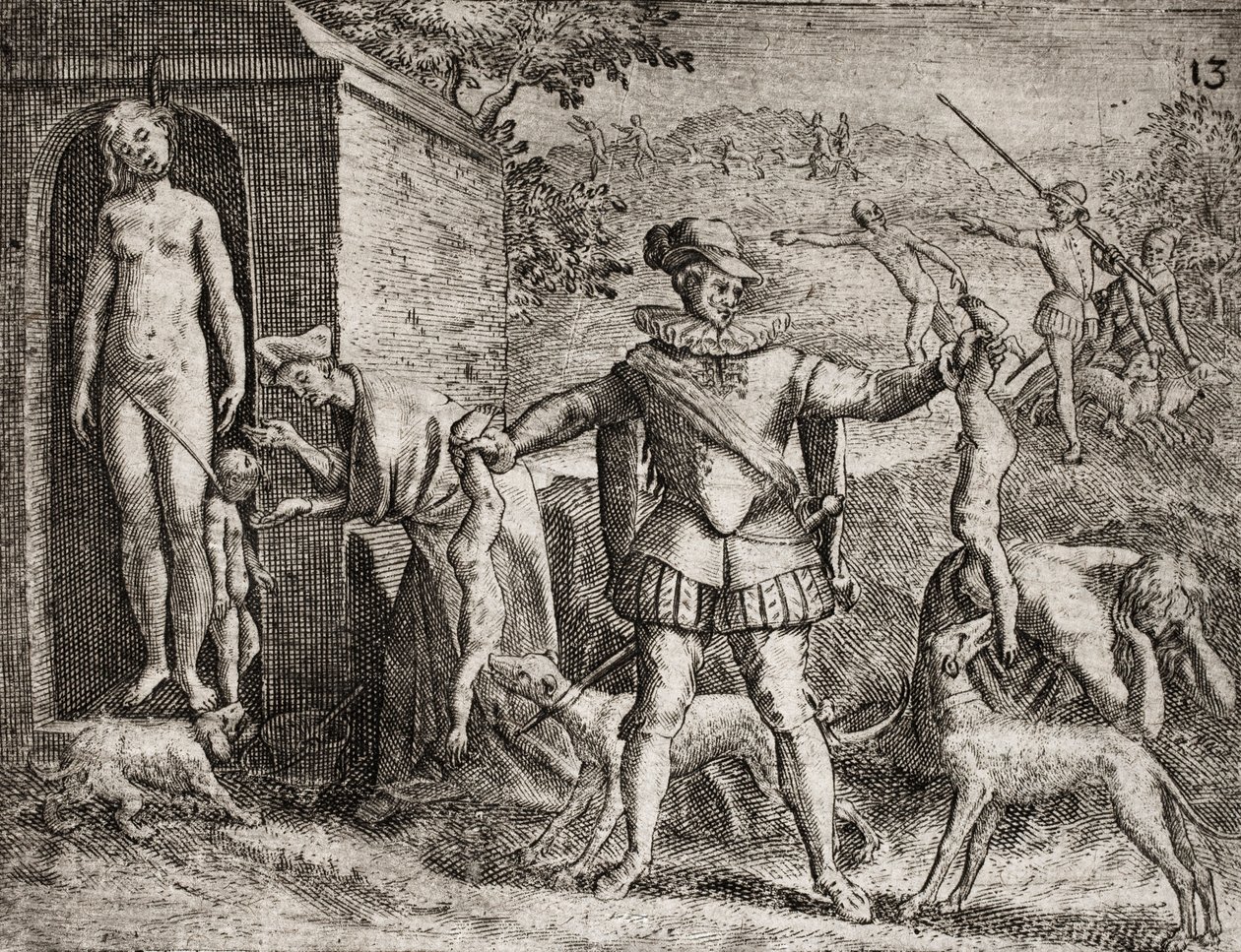 Description des crimes infligés aux Indiens par les colons espagnols - Conquistadors espagnols massacrant des femmes et des enfants indiens. Pendaison. Enfants jetés aux chiens - Gravure de Théodore de Bry dans "Narratio regionum indicarum per Hispanos quo - Theodore de Bry