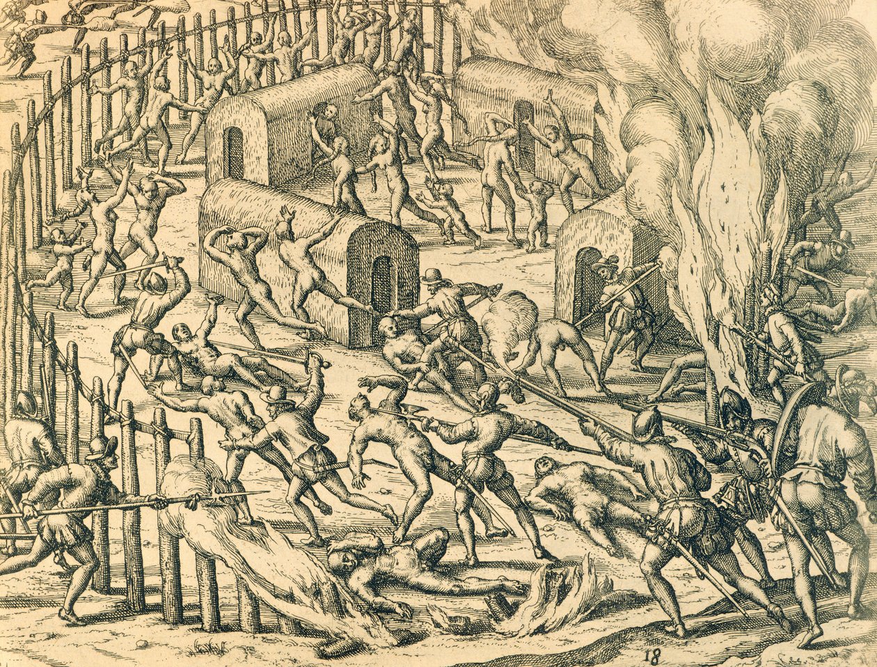 Conquérants européens attaquant un village indien, Illustration de l