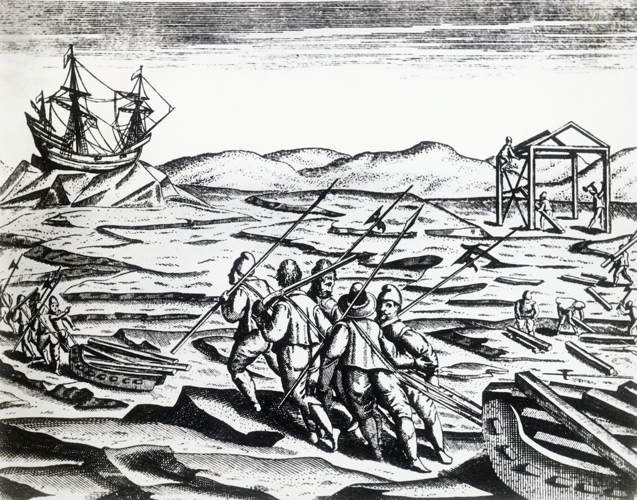 Expédition dirigée par William Barents (ca 1550-1597) à la recherche du Passage du Nord-Est, tirée de Peregrinationes, par Theodor de Bry (1528-1598), gravure - Theodore de Bry
