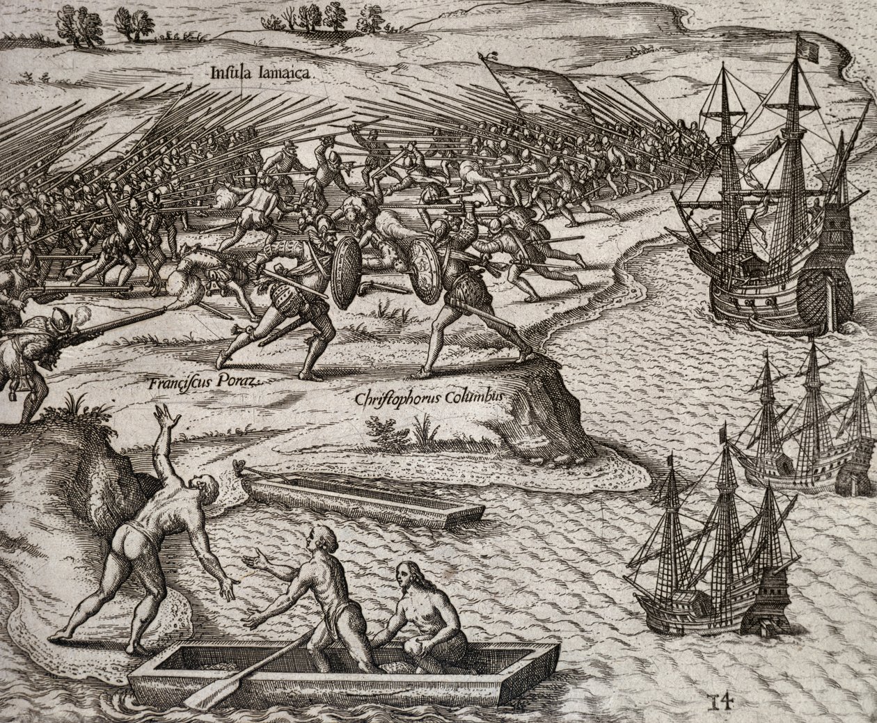 Combat entre Christophe Colomb et Francesco Poresio en Jamaïque, gravure de Theodor de Bry (1528-1598) - Theodore de Bry