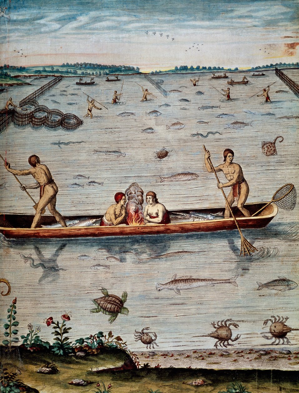 Techniques de pêche des indigènes en Virginie, gravure de Theodor de Bry, de Admiranda narratio - Theodore de Bry