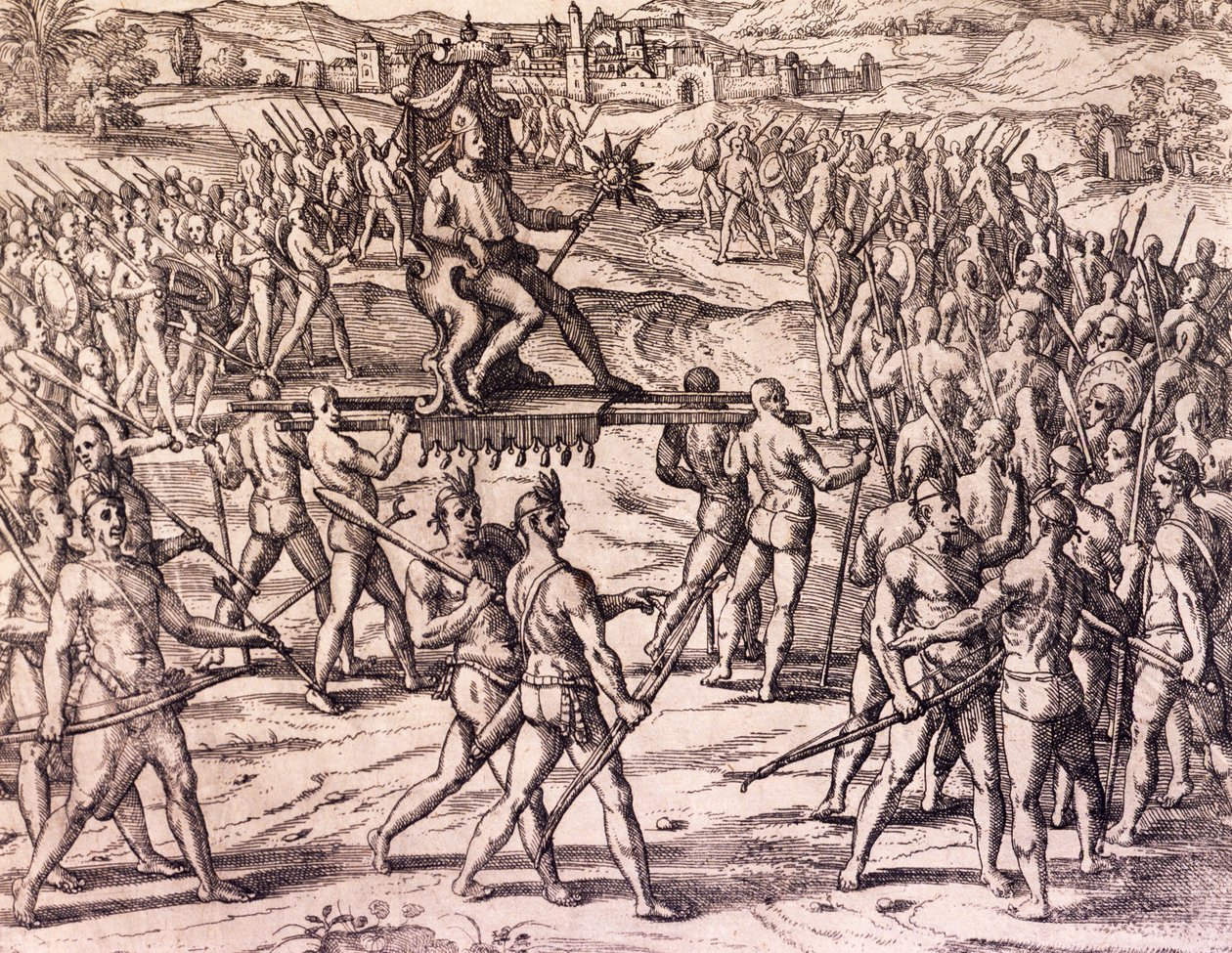 Empereur Inca Atahualpa vaincu par les troupes espagnoles de Francisco Pizarro - Theodore de Bry