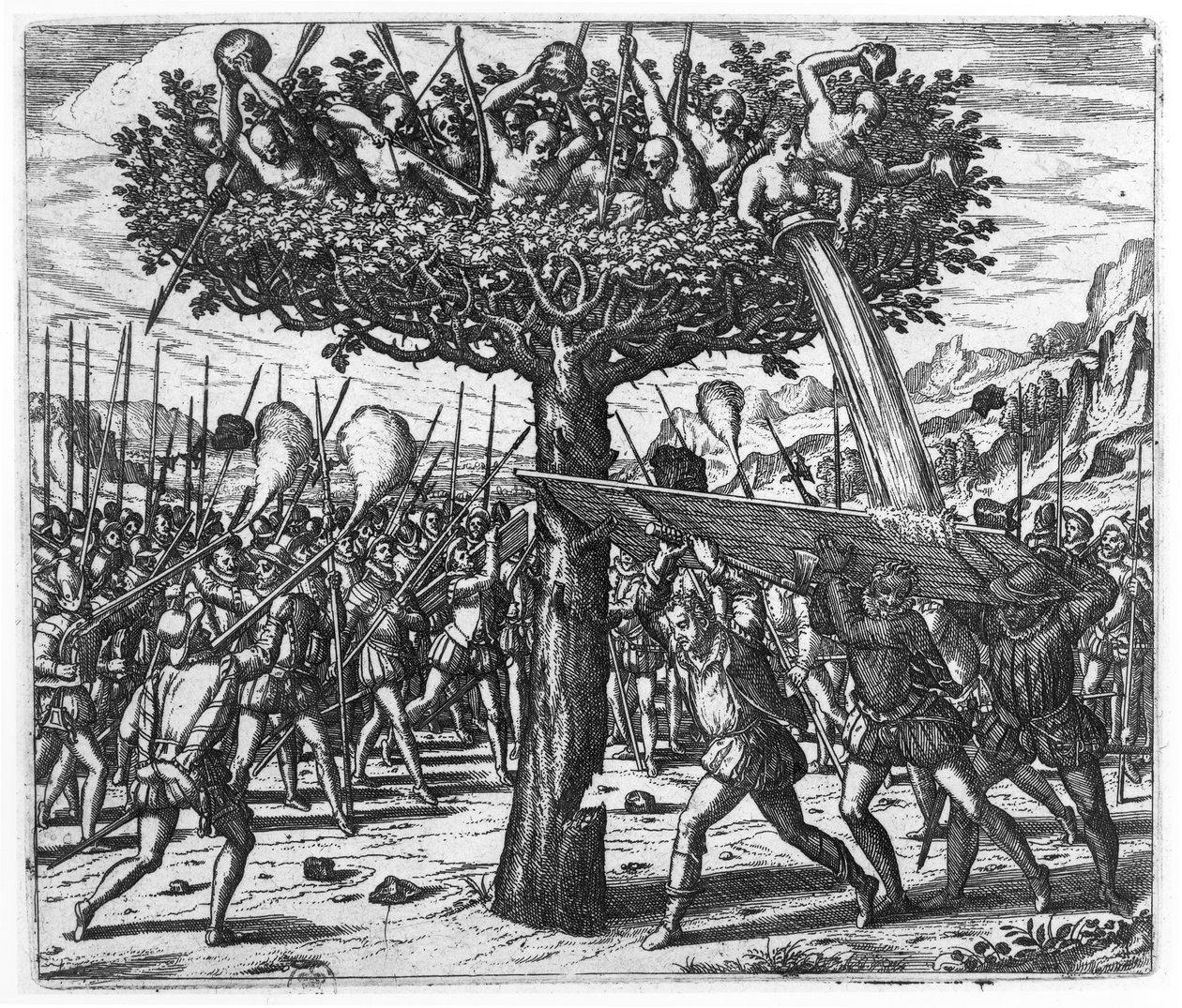 Indiens dans un arbre lançant des projectiles sur les Espagnols - Theodore de Bry
