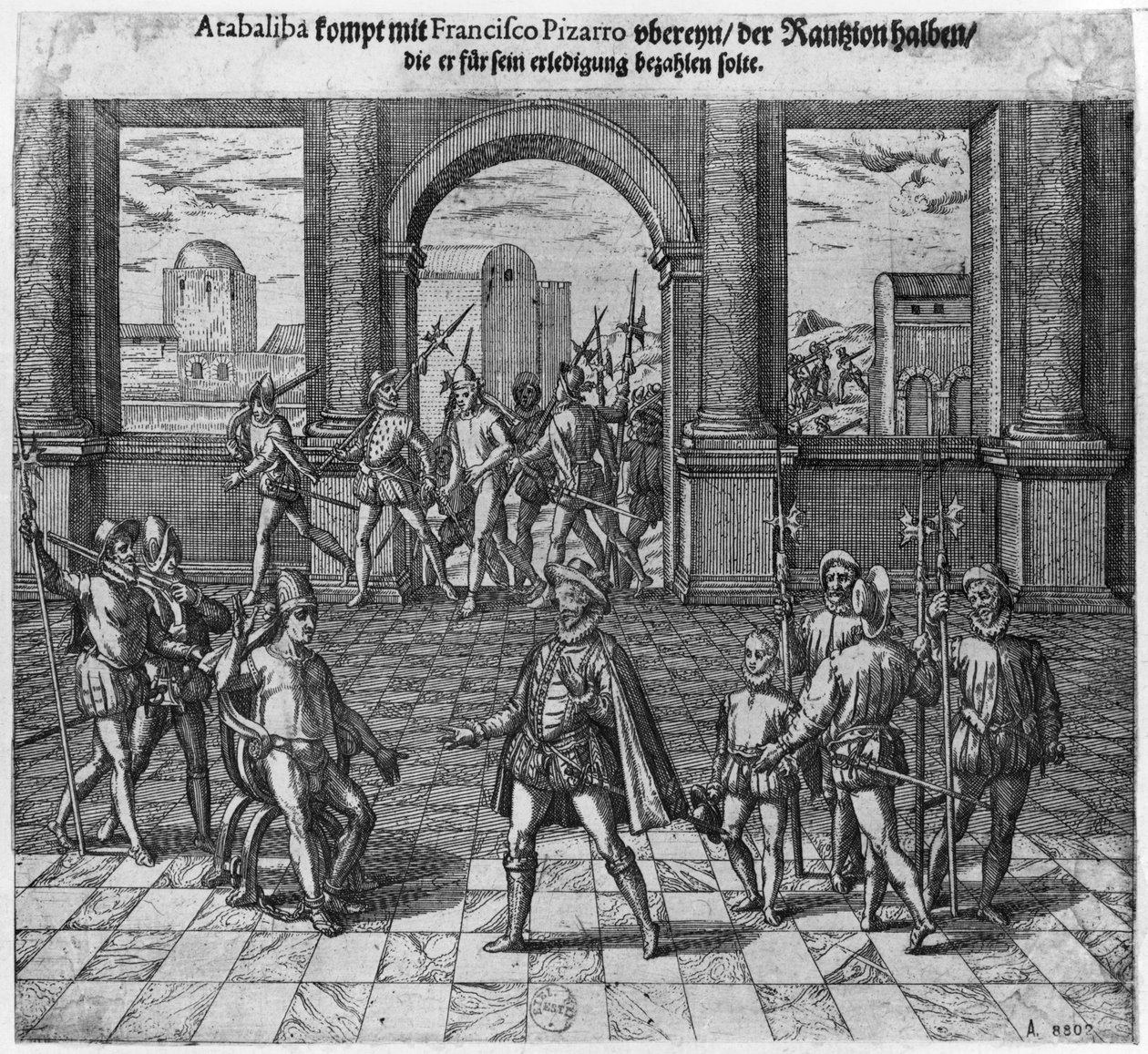 Le roi Atahualpa (c.1502-33) négociant sa rançon avec Francisco Pizarro, 1533 (gravure) - Theodore de Bry