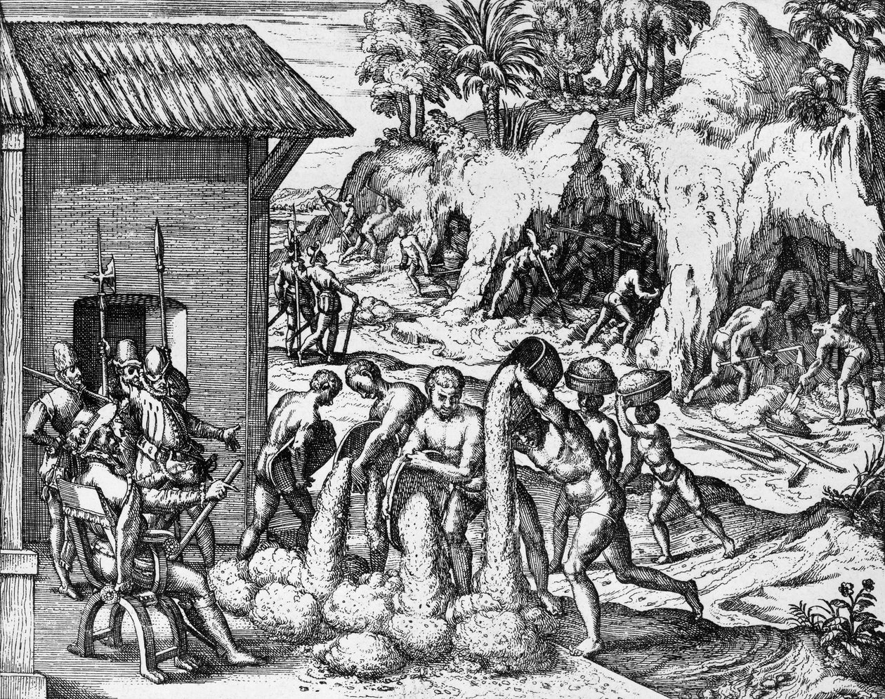 Exploitation minière en Amérique centrale et du Sud, gravure de Americae pars V, par Theodor de Bry - Theodore de Bry