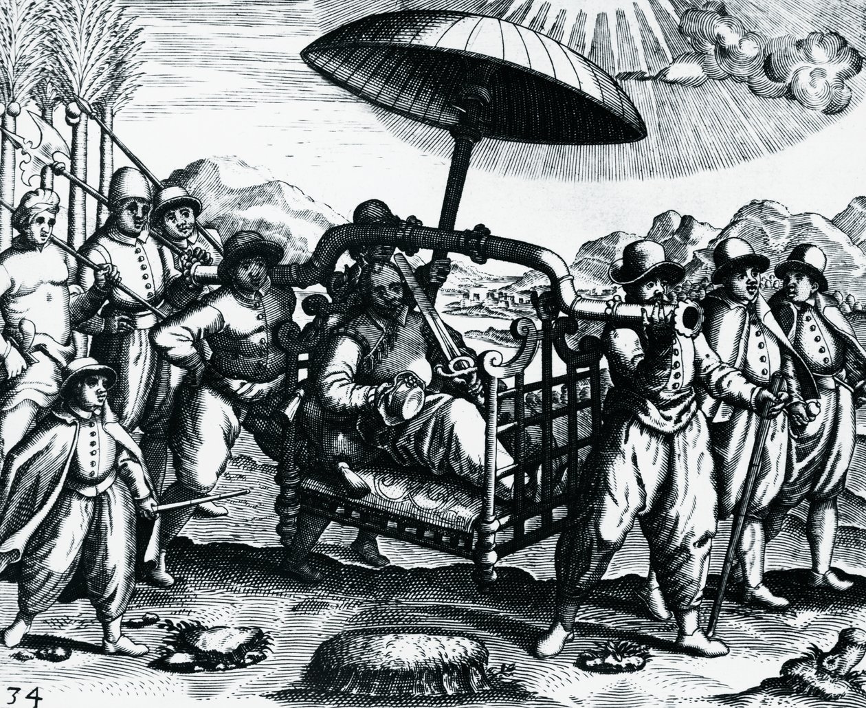 Portugais en Inde, transportés en litière, gravure tirée de Peregrinationes, par Theodor de Bry (1528-1598), Inde - Theodore de Bry