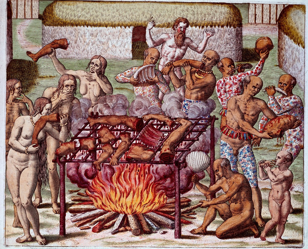 Scène de cannibalisme au Brésil. Les Indiens dévoraient leurs ennemis et prisonniers. Gravure de « Admirante Narratio Americae » par Théodore de Bry (1528-1598) - Theodore de Bry