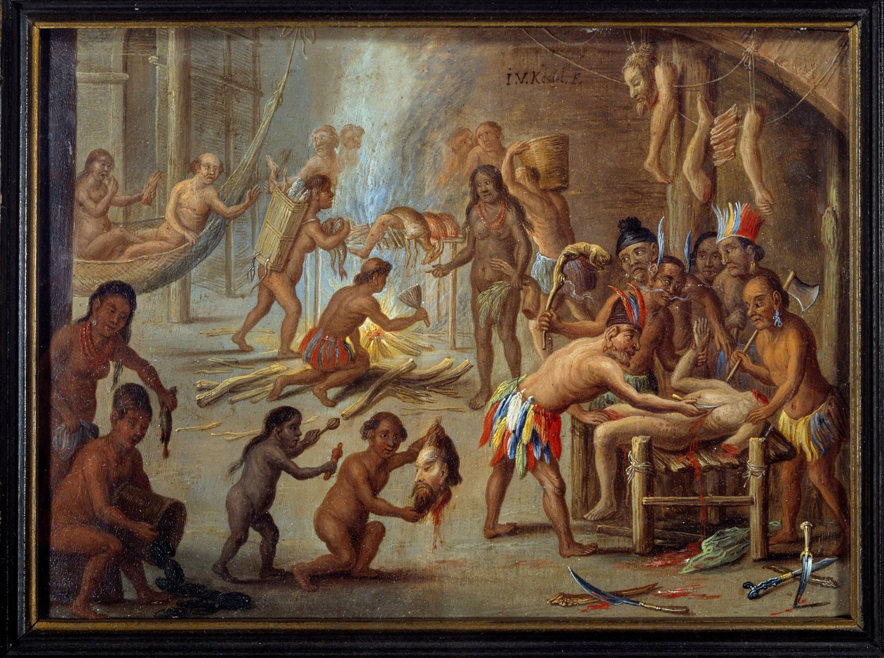Scène de cannibalisme au Brésil en 1644 (les Indiens dévoraient leurs ennemis et prisonniers) - Theodore de Bry