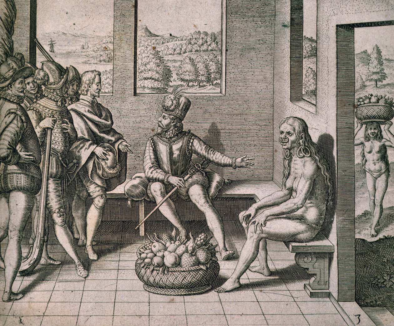 Conquérants espagnols rencontrant des femmes indigènes en Amérique - Theodore de Bry