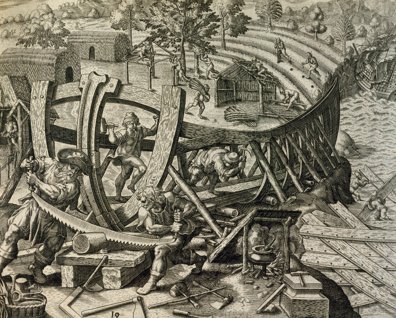 Marins espagnols construisant une caravelle, gravure tirée de Historia Americae, par Theodor de Bry - Theodore de Bry