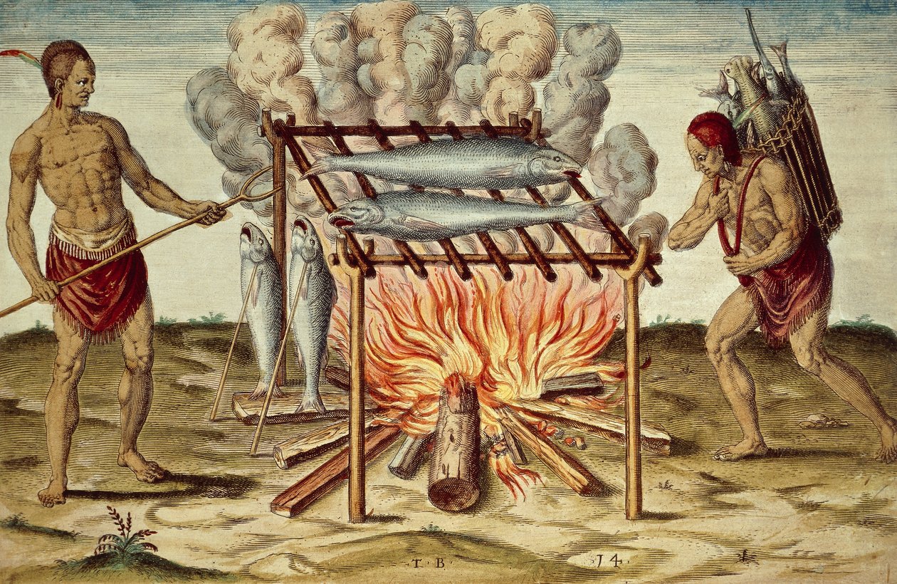 Natifs Taïnos cuisinant du poisson, gravure en couleur par Theodor de Bry d