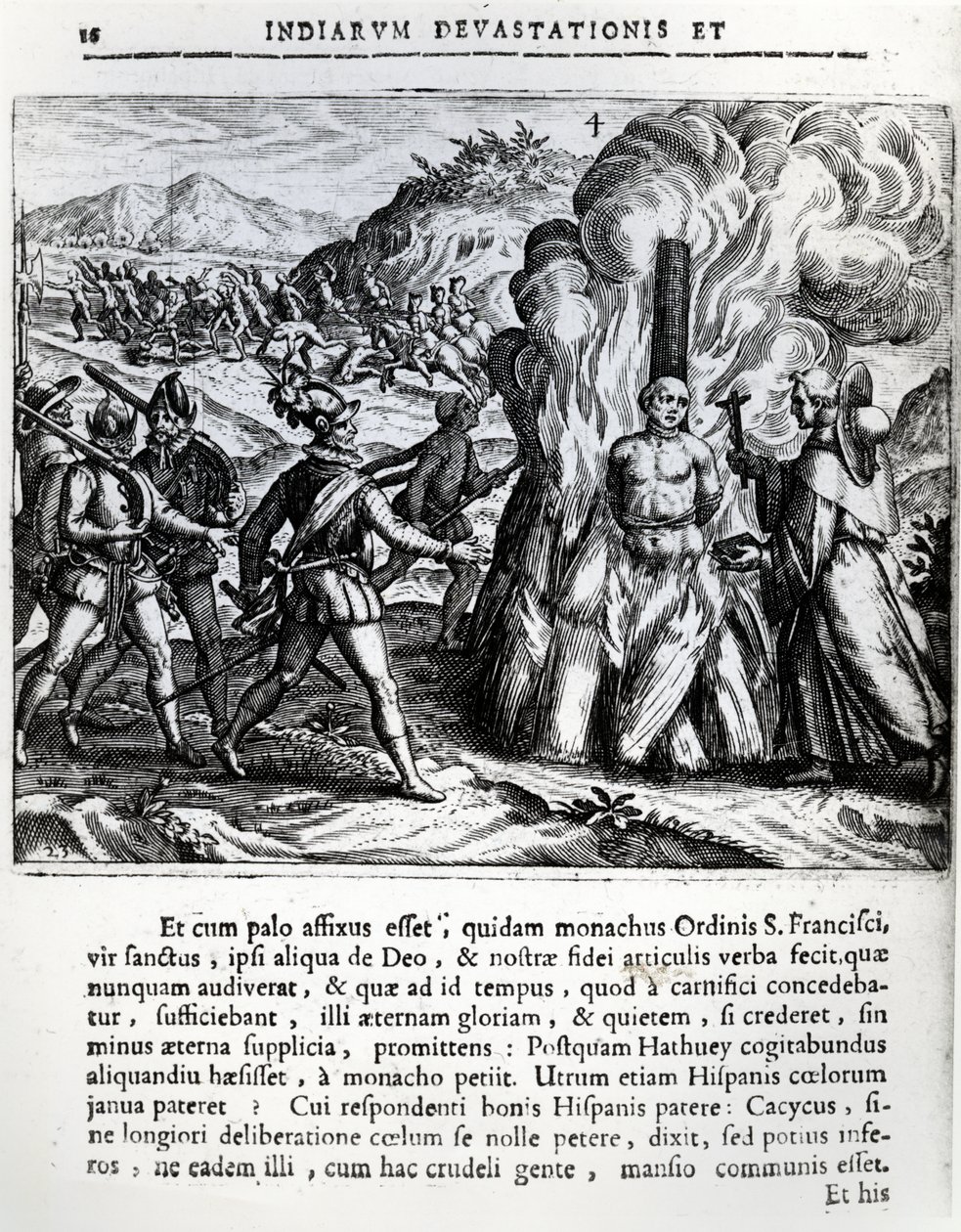 Le bûcher de Hatuey par les Espagnols à Yara, Cuba, le 2 février 1512, 1664 - Theodore de Bry