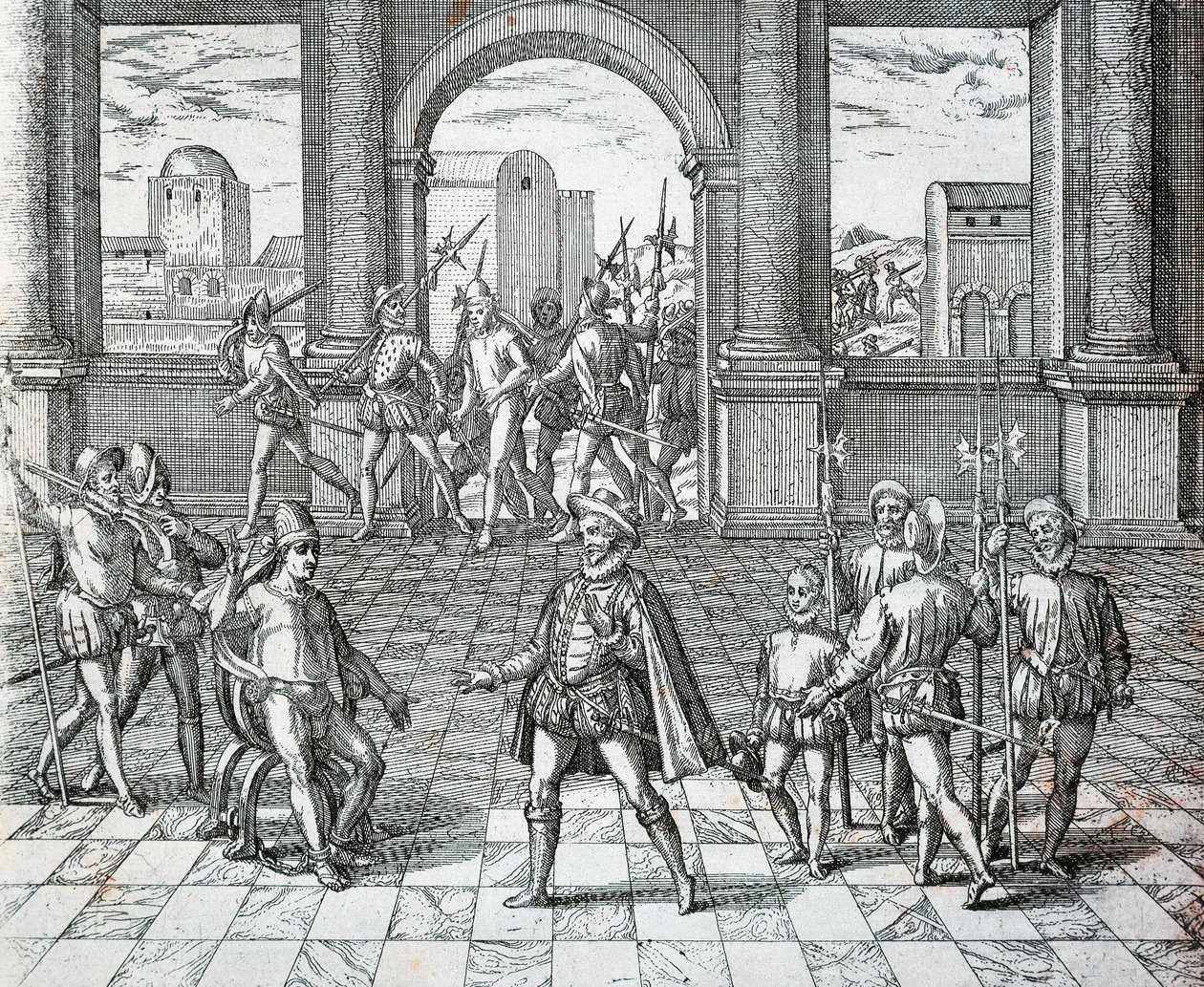 Le roi inca Atahualpa capturé par les Espagnols à Cajamarca, Illustration de l