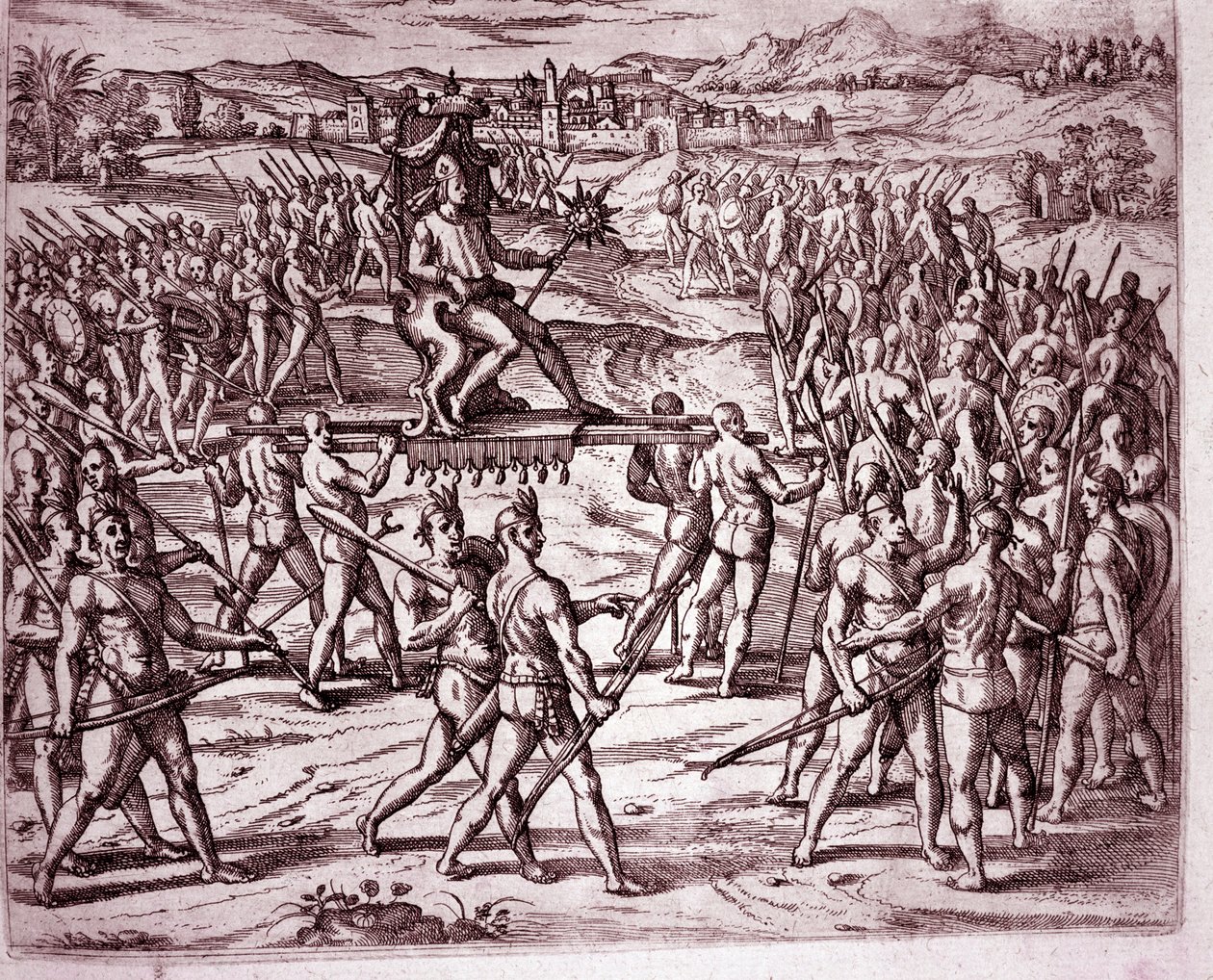 Le roi inca, Atahualpa (ou Atabaliba), tenant un sceptre en forme de soleil, est porté sur une litière pour rencontrer Francisco Pizarro (Gravure) - Theodore de Bry