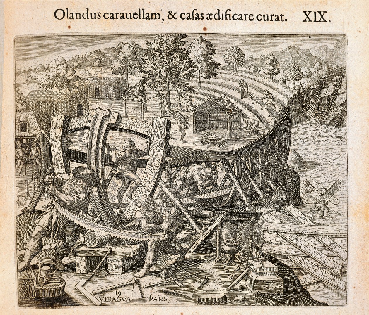 Les Espagnols construisant leur premier navire dans le Nouveau Monde, gravure de Theodor de Bry d
