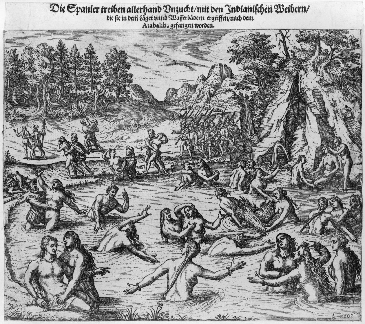 Les Espagnols maltraitant les femmes indiennes après la capture du roi Atahualpa (vers 1502-33) en 1532 - Theodore de Bry