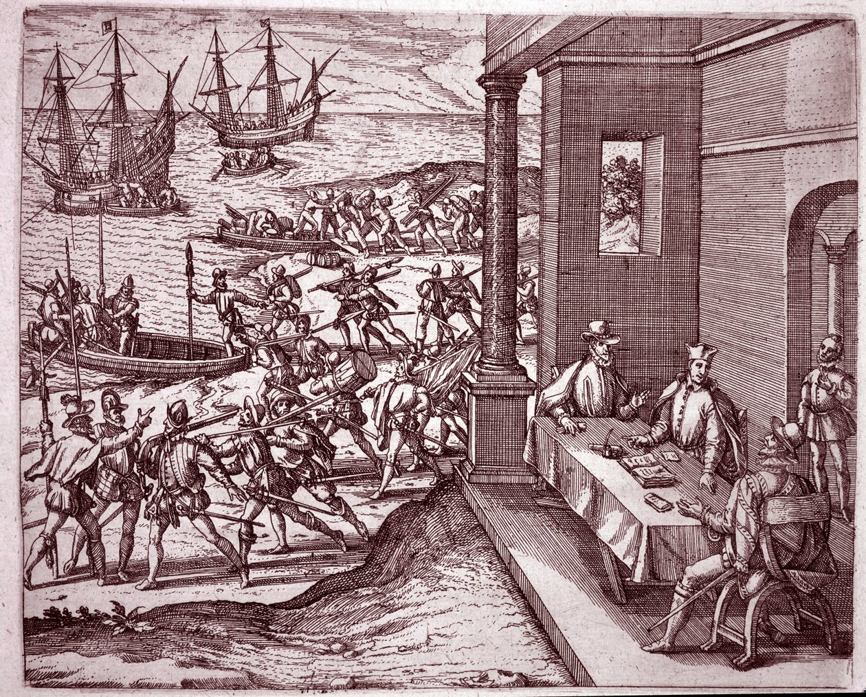 Les conquistadors espagnols Francisco Pizarro, Diego de Almagro et Hernando de Luque unissent leurs forces pour conquérir le Pérou. Gravure - Theodore de Bry