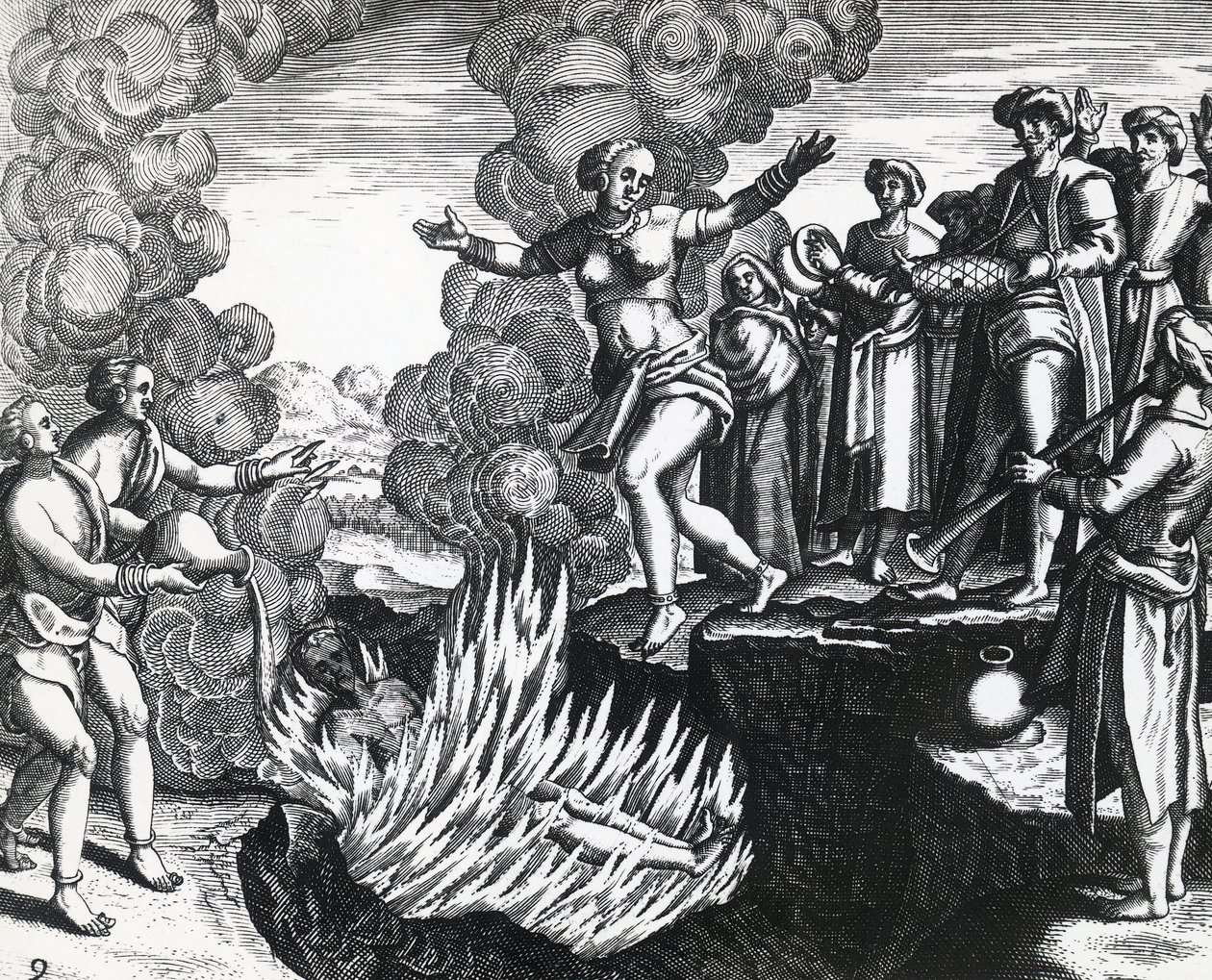 Femme se jetant sur le bûcher de son mari, par Theodor de Bry (1528-1598), gravure - Theodore de Bry