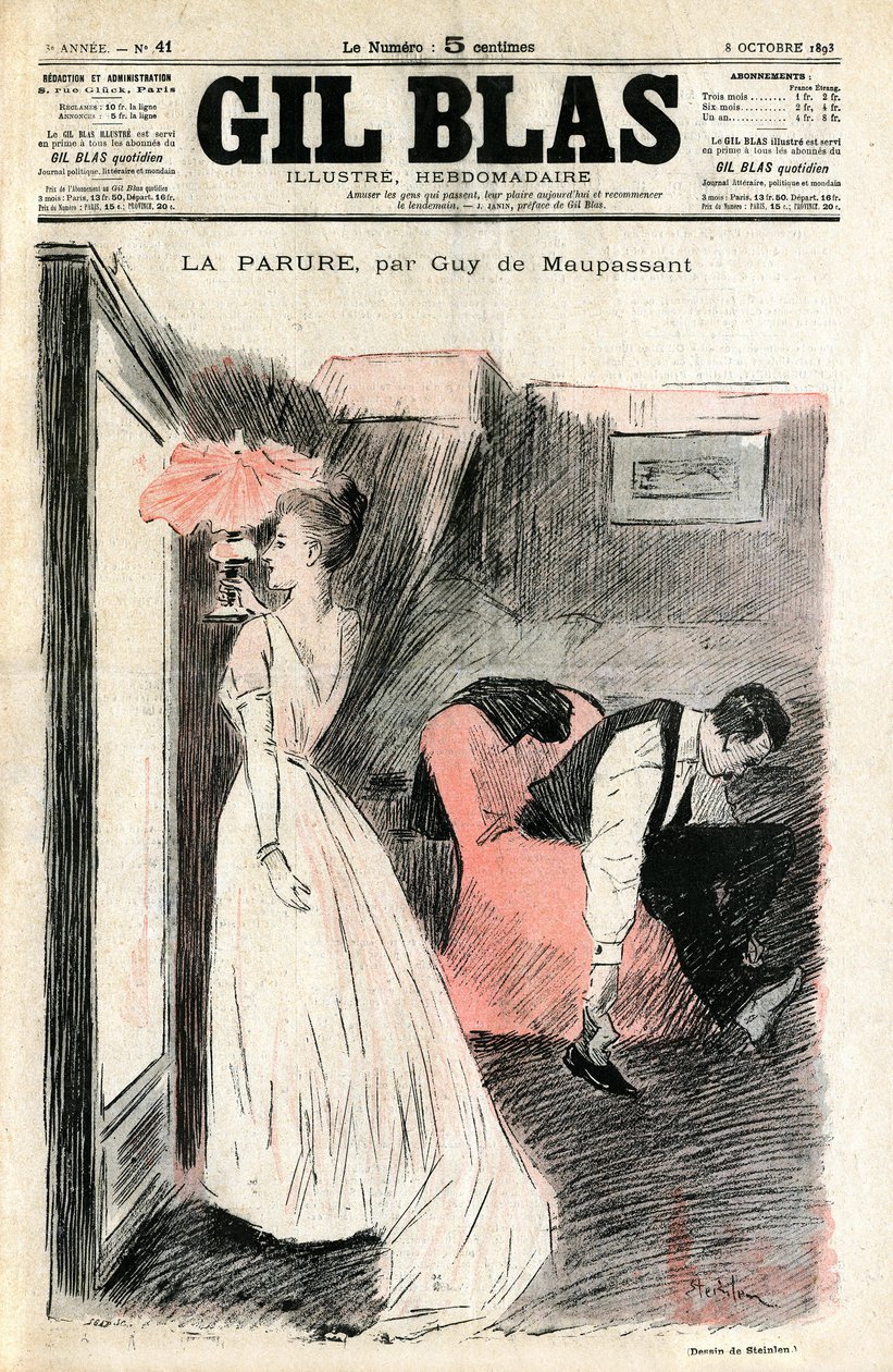Illustration par Steinlen de la nouvelle de Guy de Maupassant "La Parure". Madame Loisel se regarde dans le miroir tandis que son mari lui retire ses chaussures. Elle découvre qu